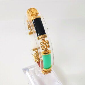 Vintage Acrylic Link Panel Bracelet 6.75" Gold Tone Open Work Multicolor Jewelry